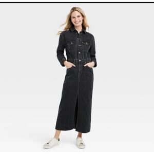Universal Thread Women's Long Sleeve Denim Shirt Maxi Dress Black Wash SZ 0 NWT